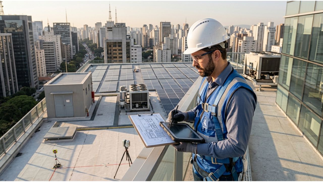 Onde os painéis solares são instalados em um prédio comercial vertical Onde os painéis solares são instalados em um prédio comercial vertical