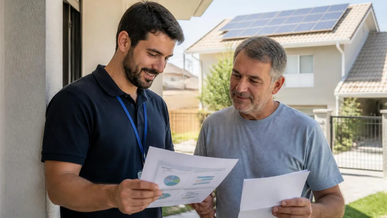 Consultor apresentando orçamento de energia solar a cliente com conta de luz em Ipatinga