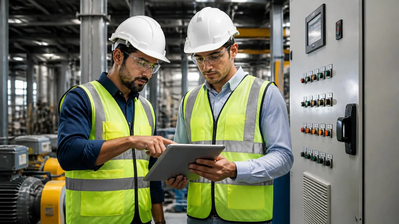 Engenheiros fazendo diagnóstico do consumo de energia em uma indústria