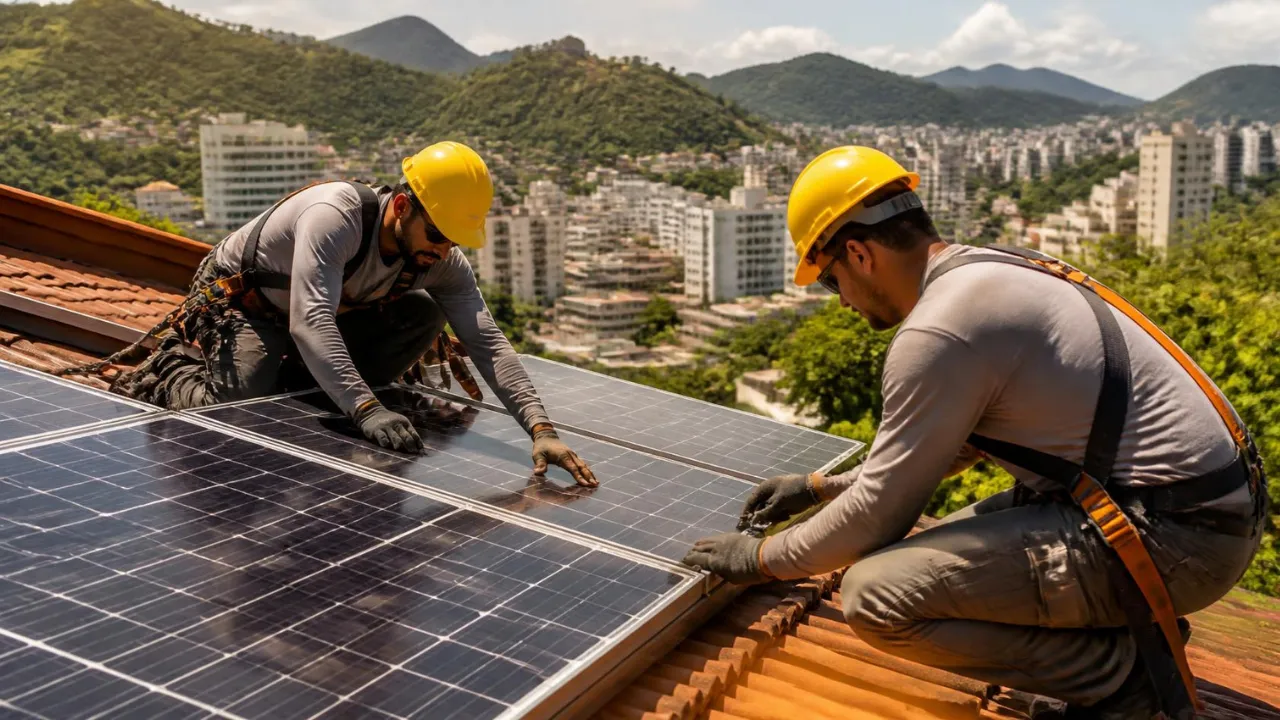 Técnicos instalando painéis solares em telhado, experiência local em energia solar em Ipatinga