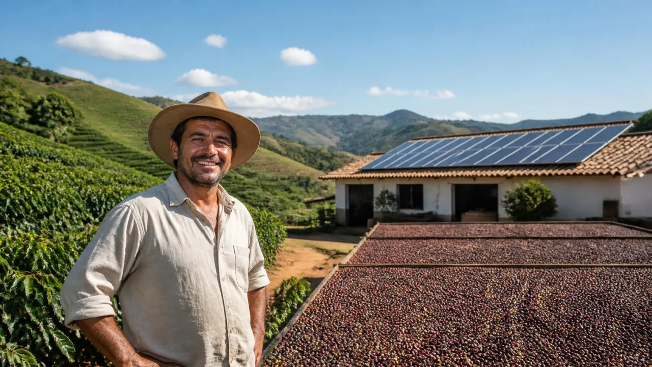 Fazenda de café com energia solar no telhado e terreiro de secagem